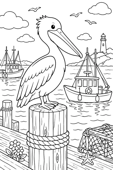 A pelican sitting on a pier post with fishing boats coloring page
