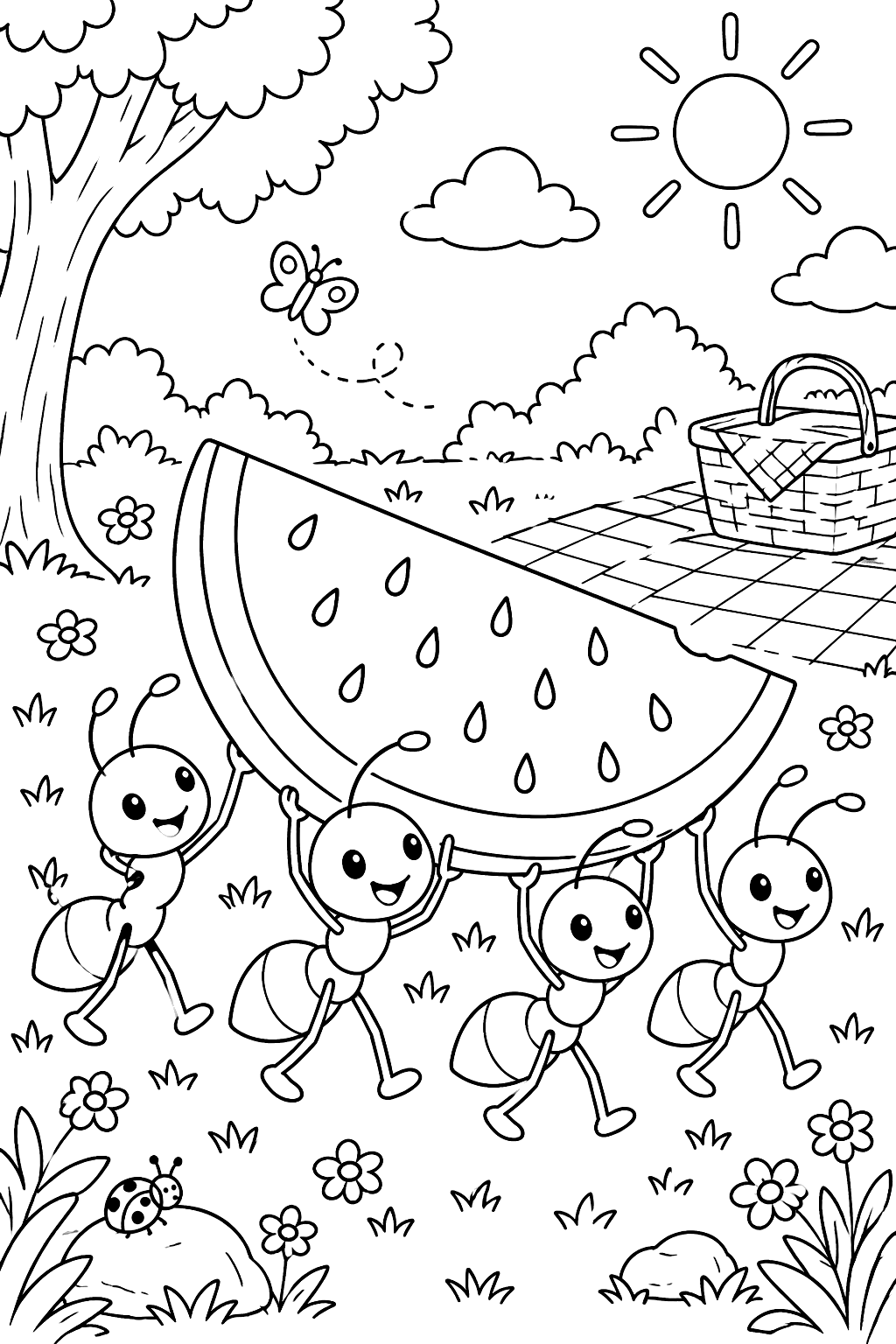 Ants carrying a slice of watermelon at a picnic coloring page