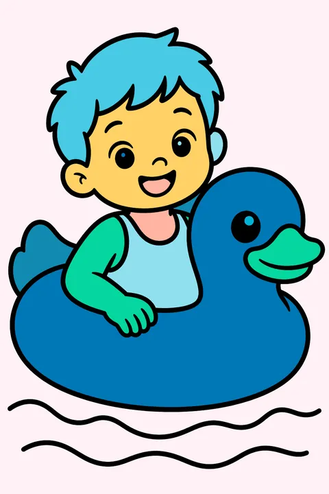 A child floating on a duck-shaped pool float coloring page