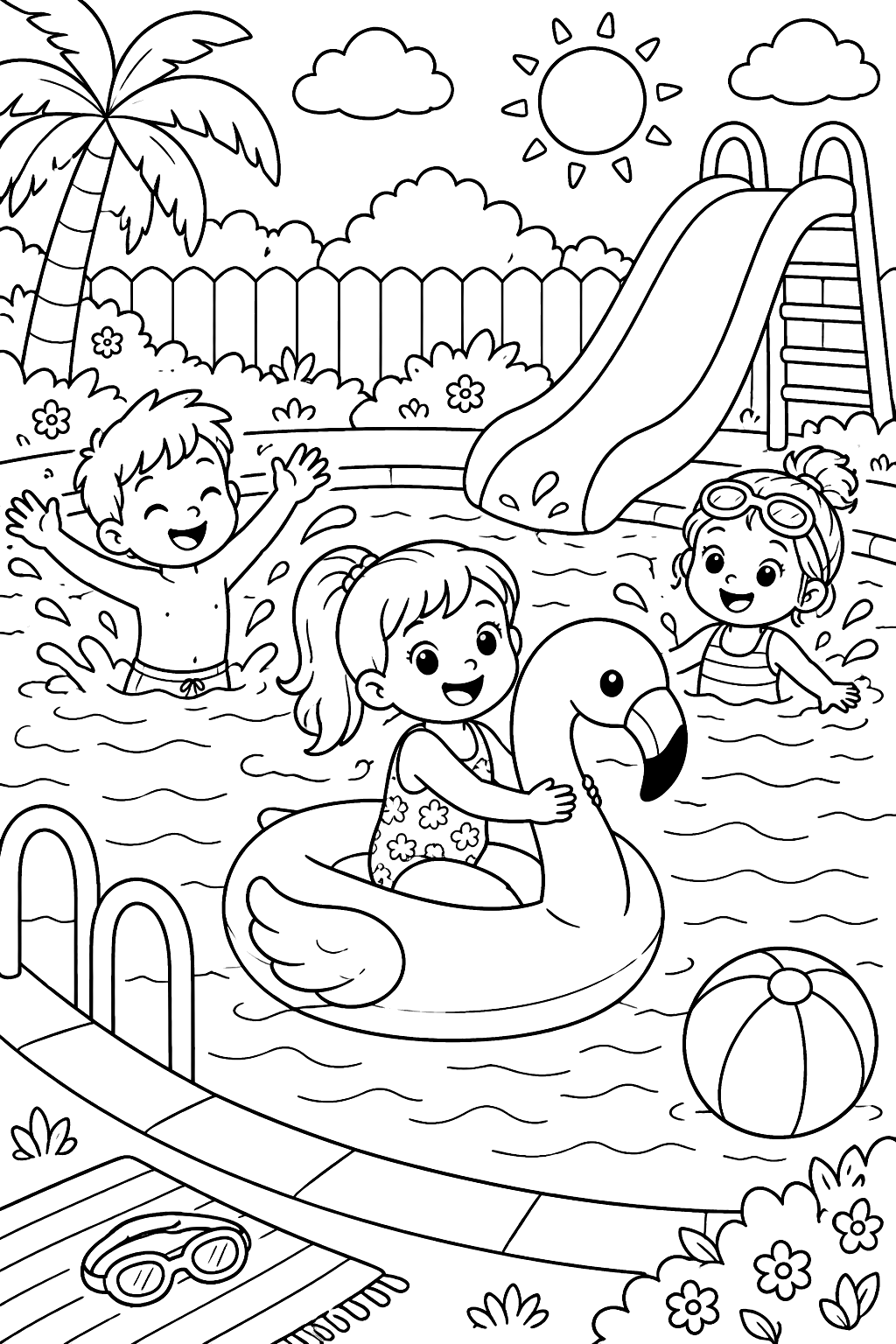 Kids splashing in a swimming pool with a flamingo float and a slide coloring page