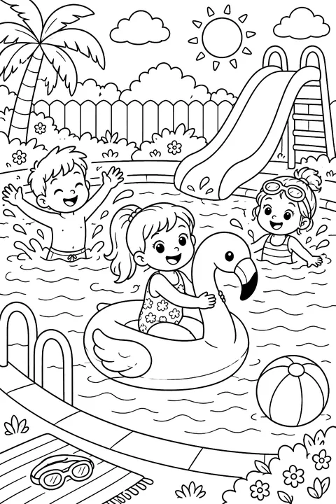 Kids splashing in a swimming pool with a flamingo float and a slide coloring page