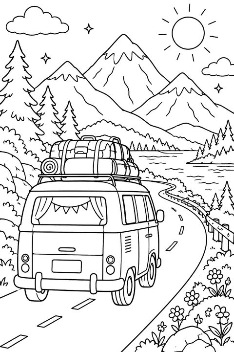 A camper van driving down a road toward mountains with luggage on top coloring page