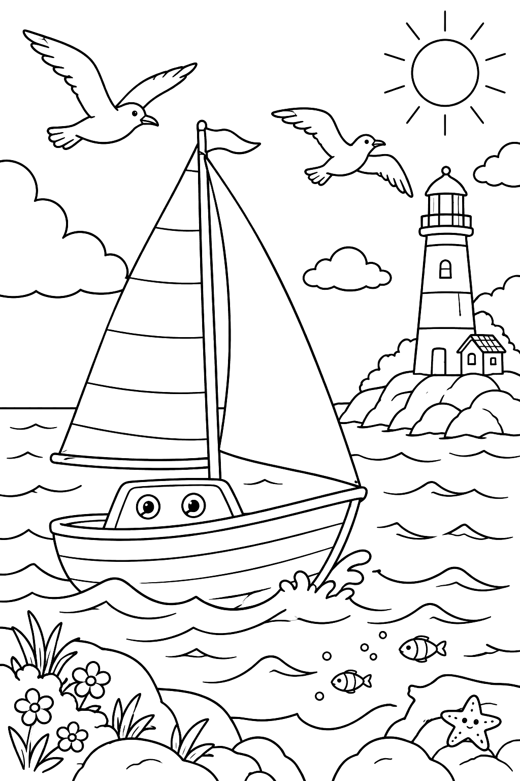 A sailboat on the sea with seagulls and a lighthouse coloring page