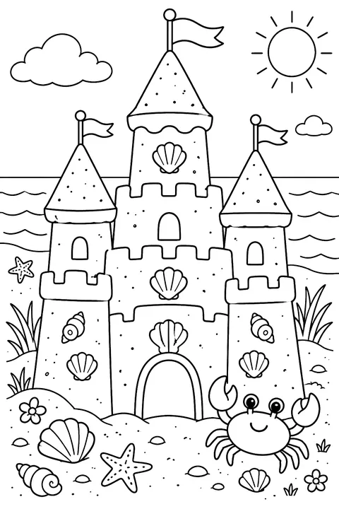 A big sandcastle with towers, shells and a little flag, a crab beside it coloring page