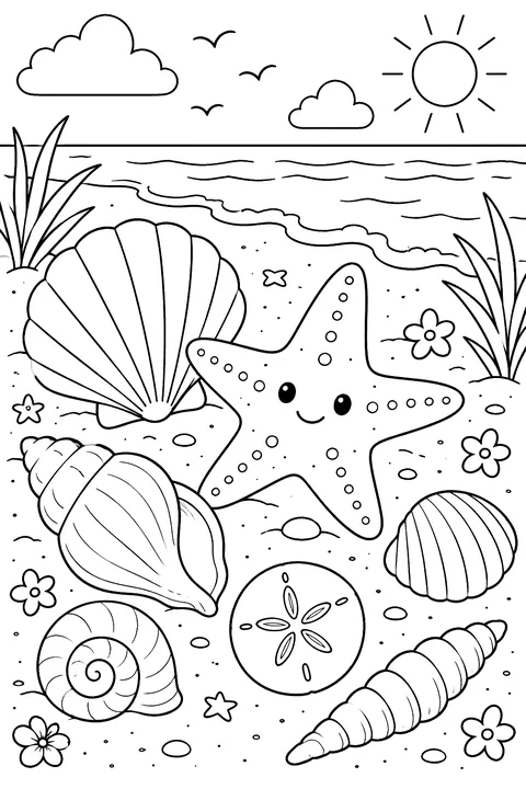 A collection of different seashells and a starfish on the sand coloring page