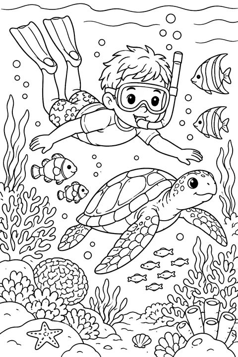 A kid snorkeling underwater with fish, coral and a turtle coloring page