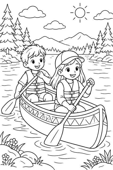 Two kids paddling a canoe on a lake with pine trees coloring page