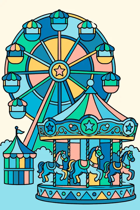 A Ferris wheel and carousel at a summer fair coloring page