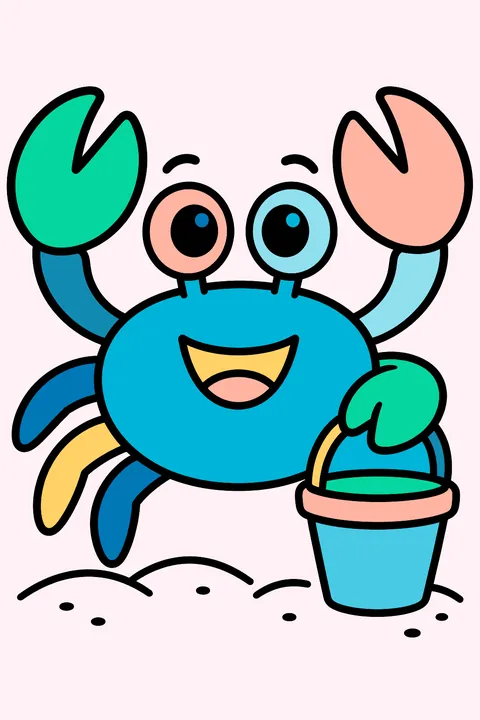 A cheerful crab holding a tiny bucket on the sand coloring page