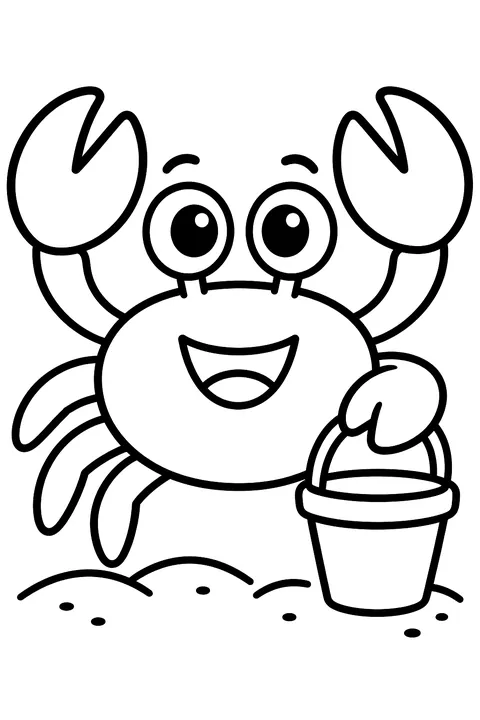 A cheerful crab holding a tiny bucket on the sand coloring page
