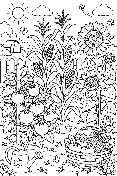A vegetable garden with tomatoes, corn and sunflowers coloring page