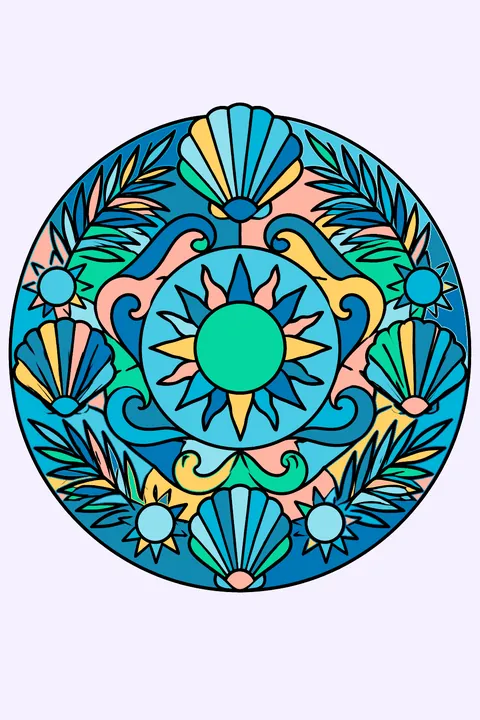 A round mandala of suns, shells, waves and palm leaves with bold closed shapes coloring page