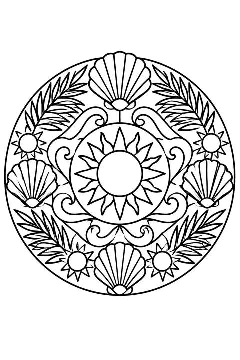 A round mandala of suns, shells, waves and palm leaves with bold closed shapes coloring page
