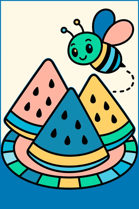 Slices of watermelon on a picnic plate with a bee coloring page