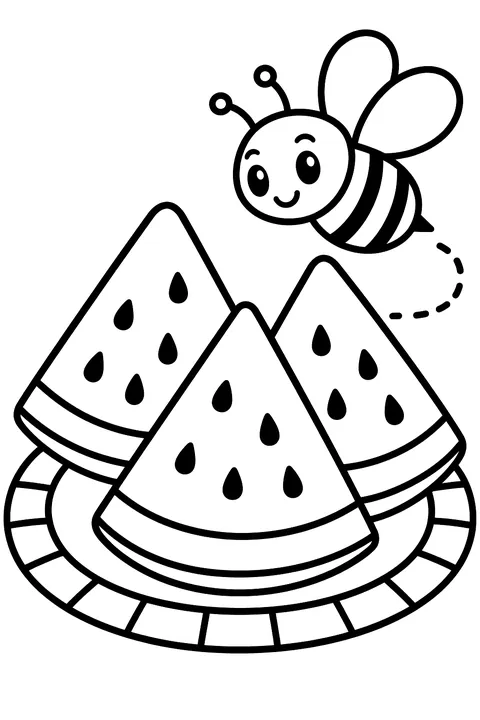 Slices of watermelon on a picnic plate with a bee coloring page