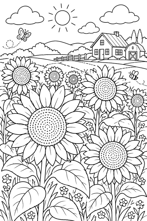 A field of tall sunflowers with a farmhouse in the distance coloring page