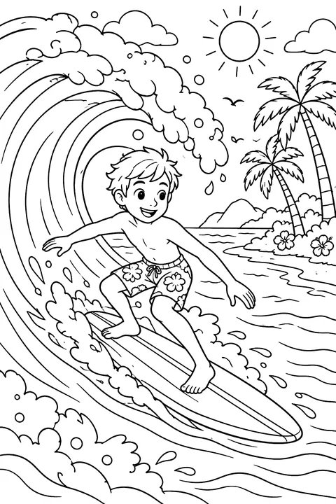A surfer riding a big curling wave with palm trees on the shore coloring page