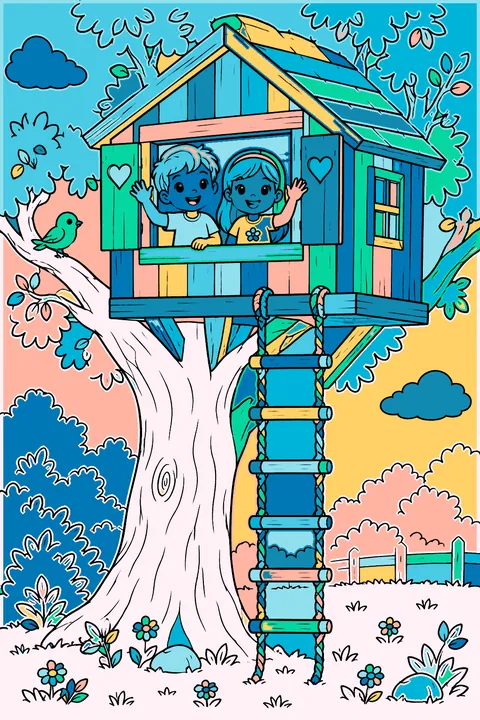 A treehouse with a rope ladder and kids waving from the window coloring page