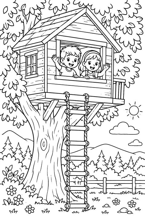 A treehouse with a rope ladder and kids waving from the window coloring page