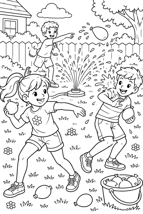 Kids throwing water balloons in a backyard with a sprinkler coloring page