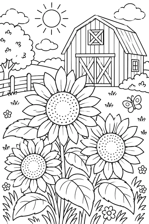 sunflowers in front of a red barn coloring page