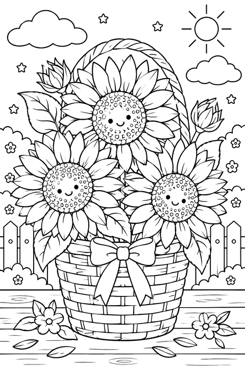 a basket of cut sunflowers coloring page