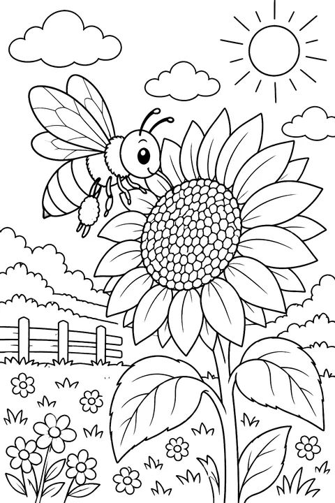 a bee visiting a sunflower coloring page