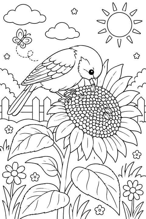 a bird eating seeds from a sunflower head coloring page