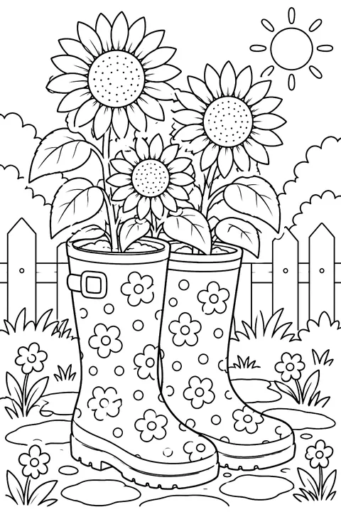 rain boots used as flower pots with sunflowers coloring page