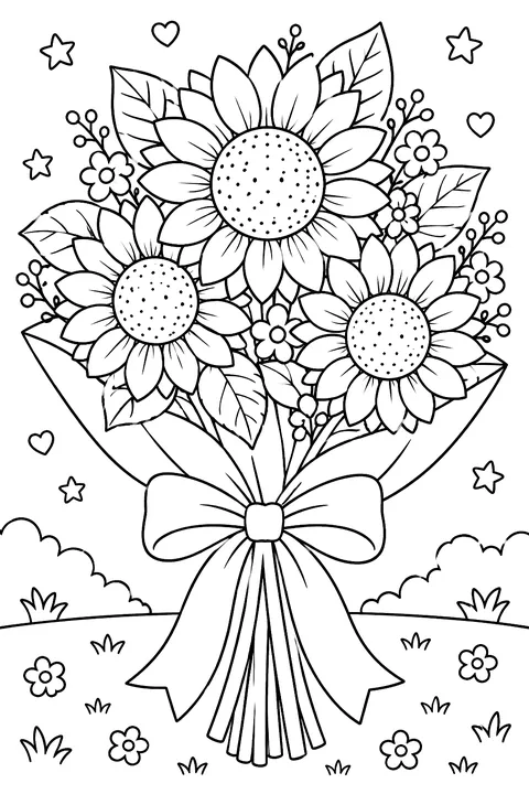 a bouquet of sunflowers with a ribbon coloring page