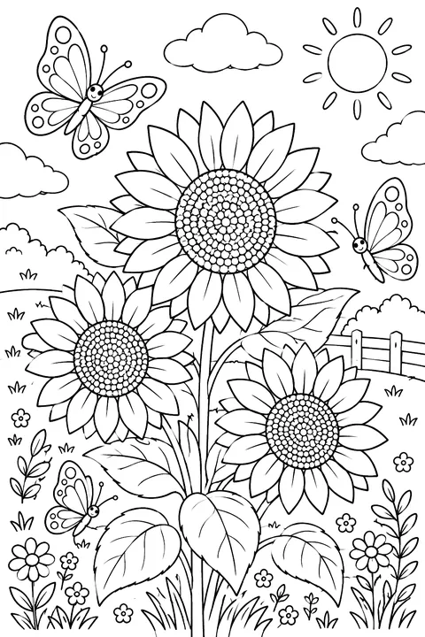 sunflowers with butterflies coloring page