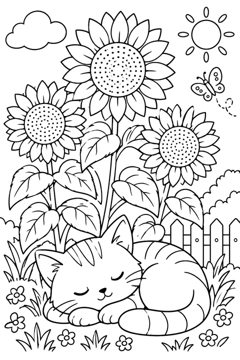 a cat napping under sunflowers coloring page