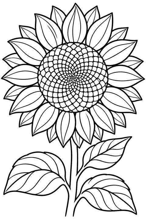 a close-up sunflower head with seed patterns coloring page