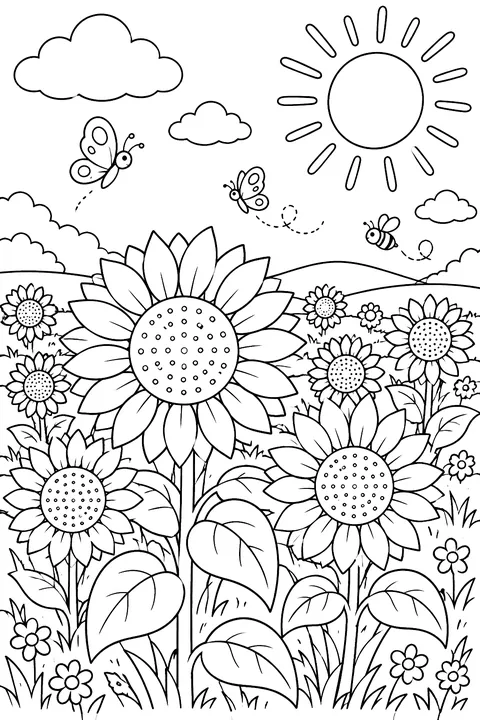 a field of sunflowers under a sunny sky coloring page