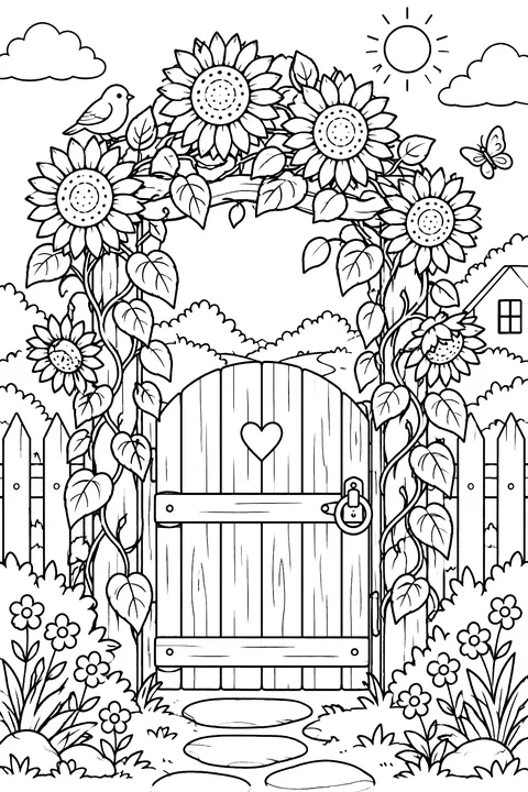 a garden gate with sunflowers growing over it coloring page