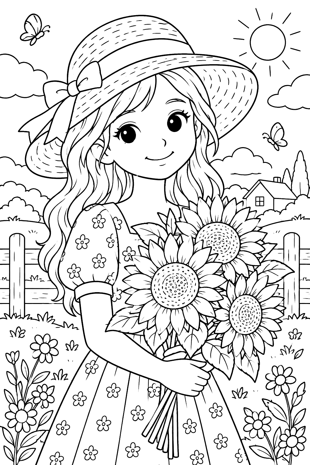 a girl in a sun hat holding sunflowers coloring page