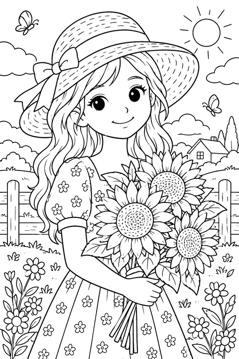 a girl in a sun hat holding sunflowers coloring page