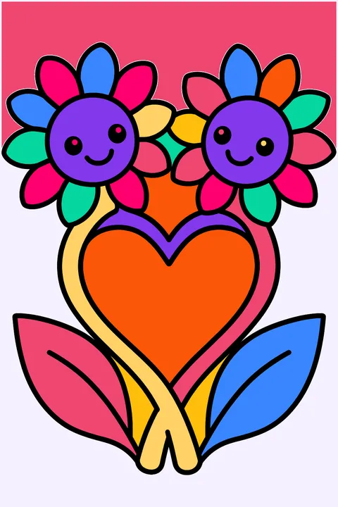 two sunflowers forming a heart coloring page