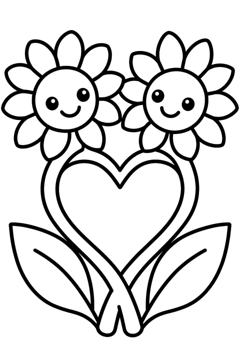 two sunflowers forming a heart coloring page