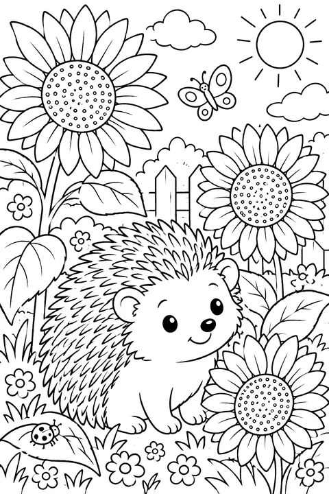 a hedgehog among sunflowers coloring page