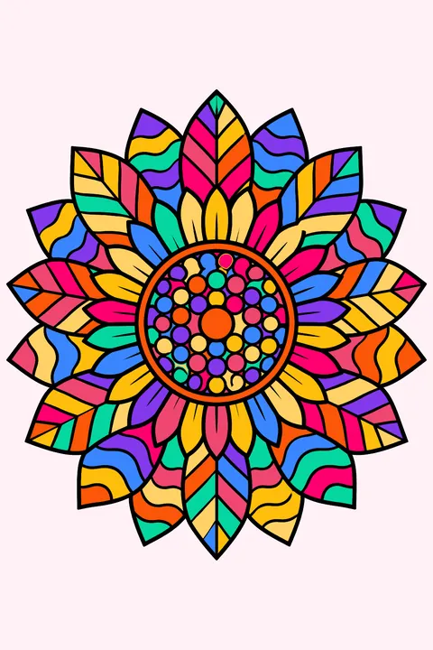 a sunflower mandala with patterned petals coloring page