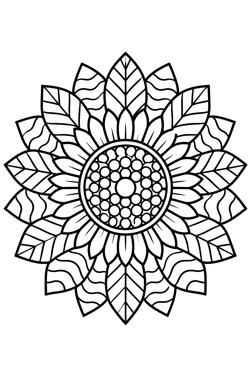 a sunflower mandala with patterned petals coloring page