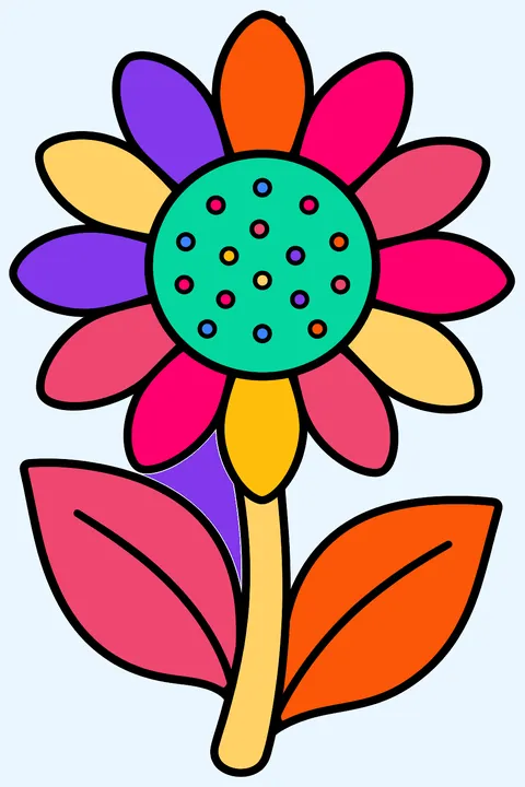 a single sunflower with big petals and leaves coloring page