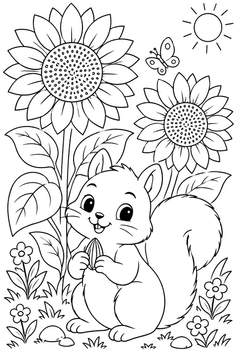 a squirrel holding a sunflower seed under sunflowers coloring page