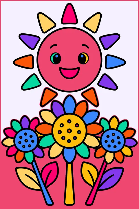 a smiling sun over sunflowers coloring page