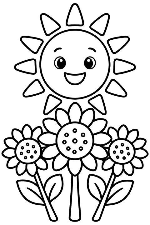 a smiling sun over sunflowers coloring page