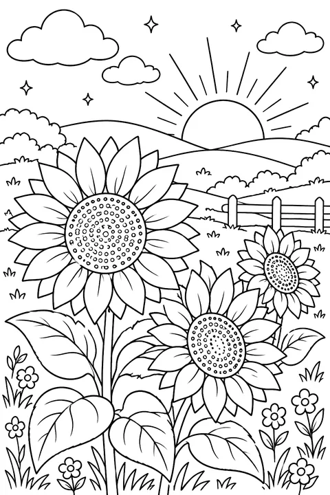 sunflowers at sunset with hills coloring page