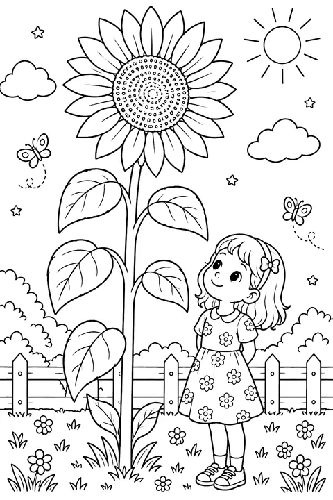 a very tall sunflower next to a small child coloring page