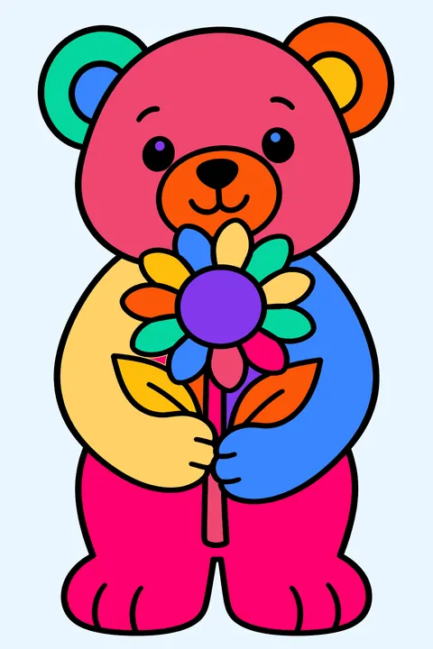 a teddy bear holding a sunflower coloring page