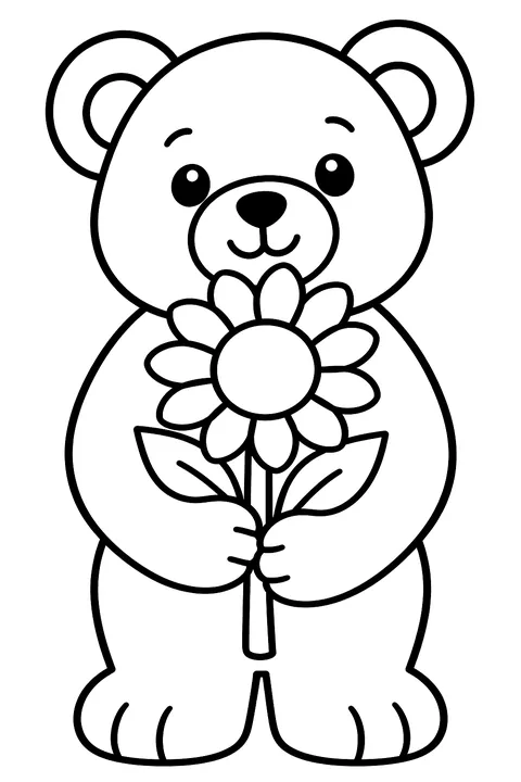 a teddy bear holding a sunflower coloring page